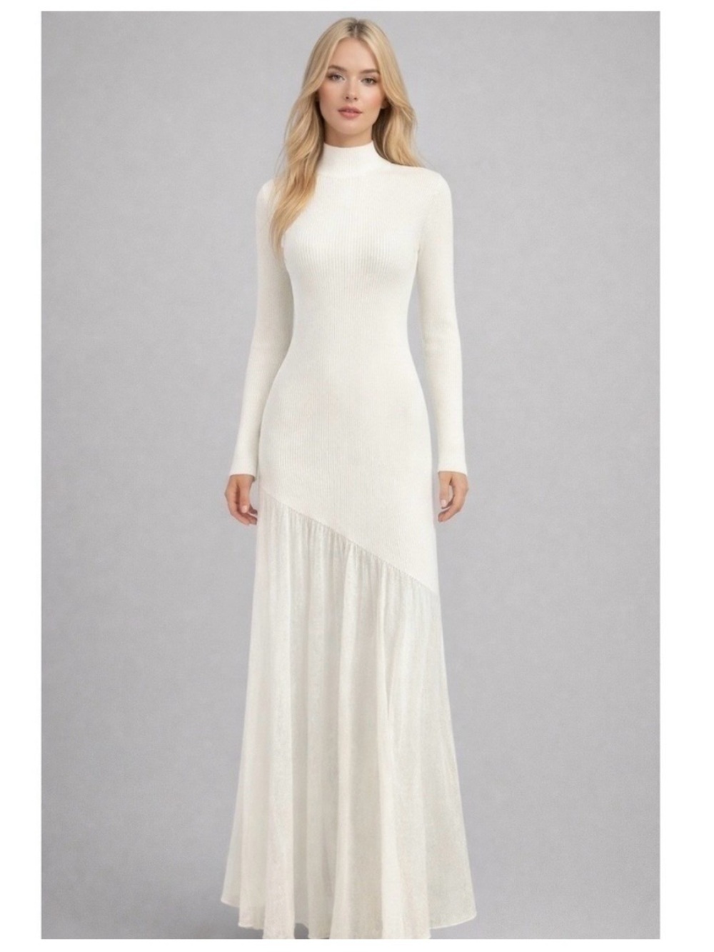 NWT Commense Chic White Long Sleeve Maxi Dress with Asymmetrical Detail Size XS